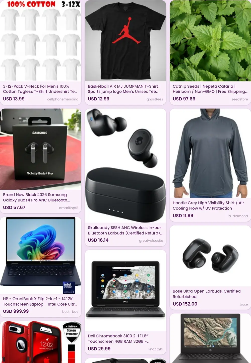 Real product cards from the Sendcat explore feed
