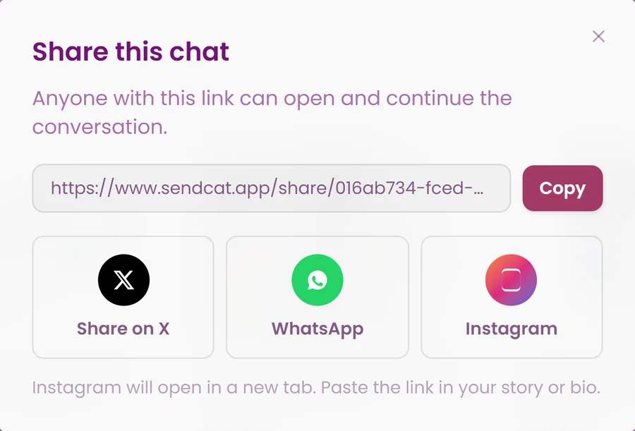 Sendcat's share dialog with a link and WhatsApp, X and Instagram options
